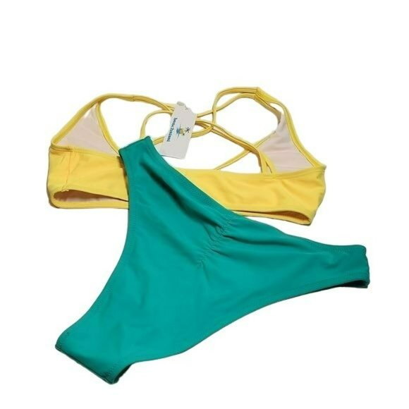 Beachsissi Bikini Cross Front Thong Bottom Yellow Green Women's Small S NWT - Picture 2 of 16